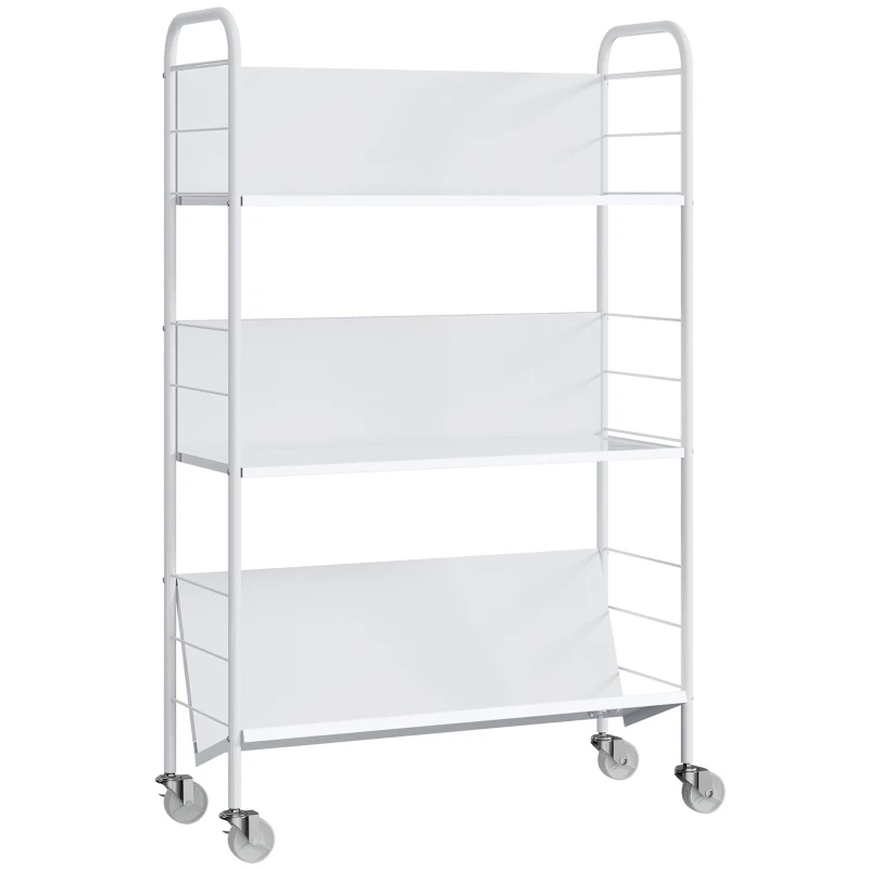 HOMCOM Chariot Porte-livres Moderne à 3 niveaux avec roulettes pivotantes pour livres et magazines, 69x26x108 cm, blanc