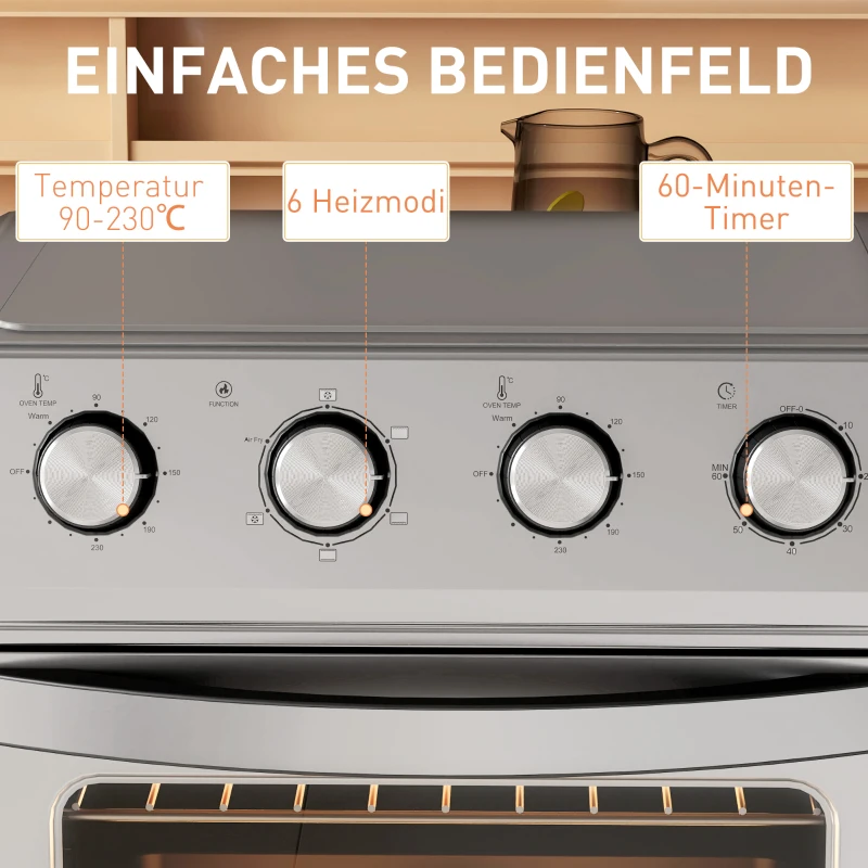 HOMCOM Minibackofen mit Umluft, Heißluftfritteuse, 6 Heizmodi, Timer, Zubehör, 24L, Silber