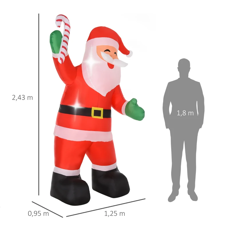 HOMCOM Aufblasbar Weihnachtsdeko, 2,4 m Weihnachtsmann mit LED-Beleuchtung, Zuckerstange für Innen- und Außenbereich