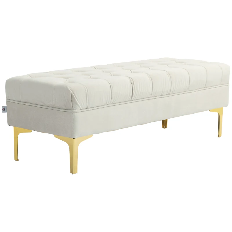 HOMCOM Banco Banqueta Capitonê Final de Cama Estilo Clássico Chique 118x45x42 cm Pés em Metal Dourado Veludo Bege