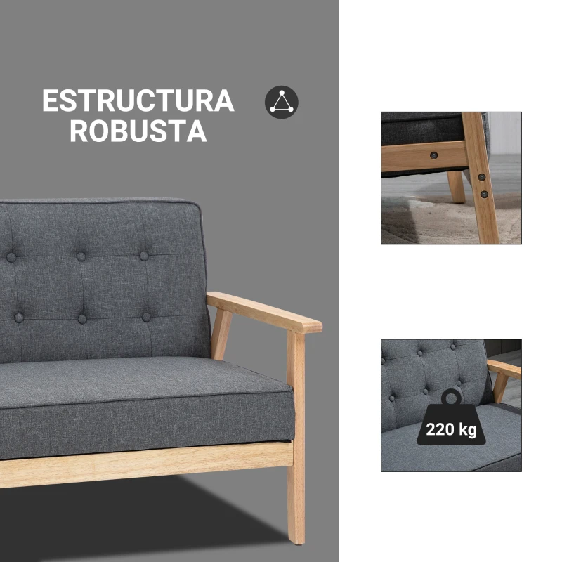HOMCOM Sofá de 2 Plazas con Respaldo Cojines Acolchados Patas de Madera Antideslizantes Botones con Mechones 113x67x78 cm Gris
