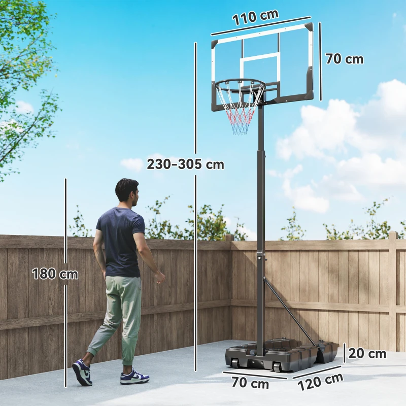 SPORTNOW Tabela de Basquetebol para Exterior com Altura Ajustável Portátil Estrutura Dobrável Painel Inquebrável Rodas e Base Preenchível 120x70x300-375 cm Preto
