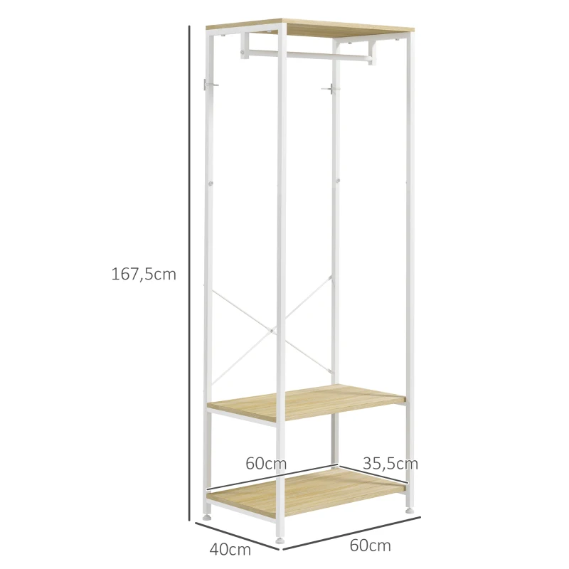 HOMCOM Cabideiro com Barra e 2 Prateleiras para Sapatos 60x40x167,5 cm Aspeto Madeira Clara Metal Branco