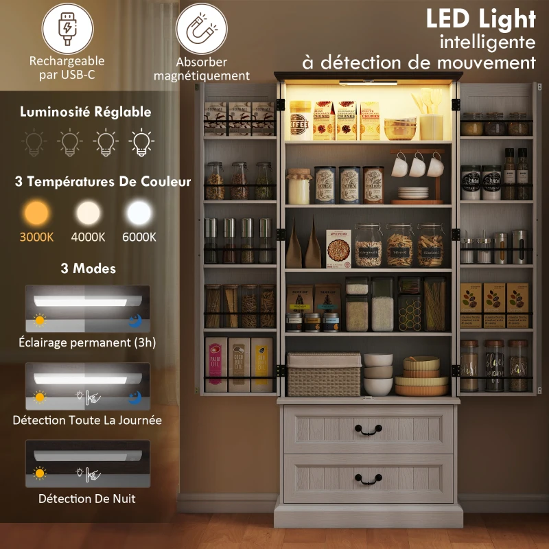 HOMCOM Buffet haut cuisine, armoire de cuisine, LED à capteur, 2 portes, tiroirs et étagères réglables, 76x39,5x183cm, blanc(m-4)