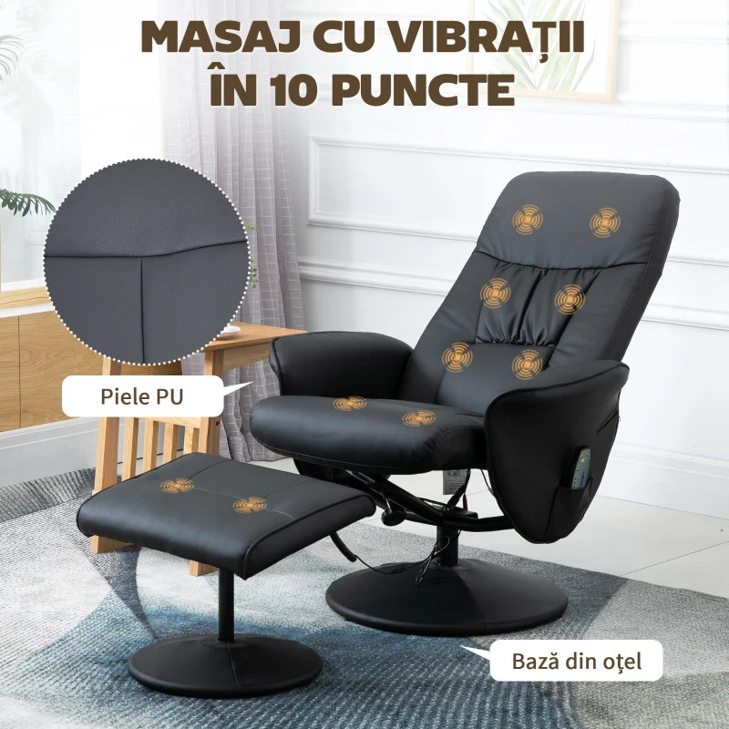 HOMCOM Fotoliu Relaxant cu Suport pentru Picioare, Reclinabil 145° cu Șezut Rotativ, cu 10 Puncte de Masaj, Negru
