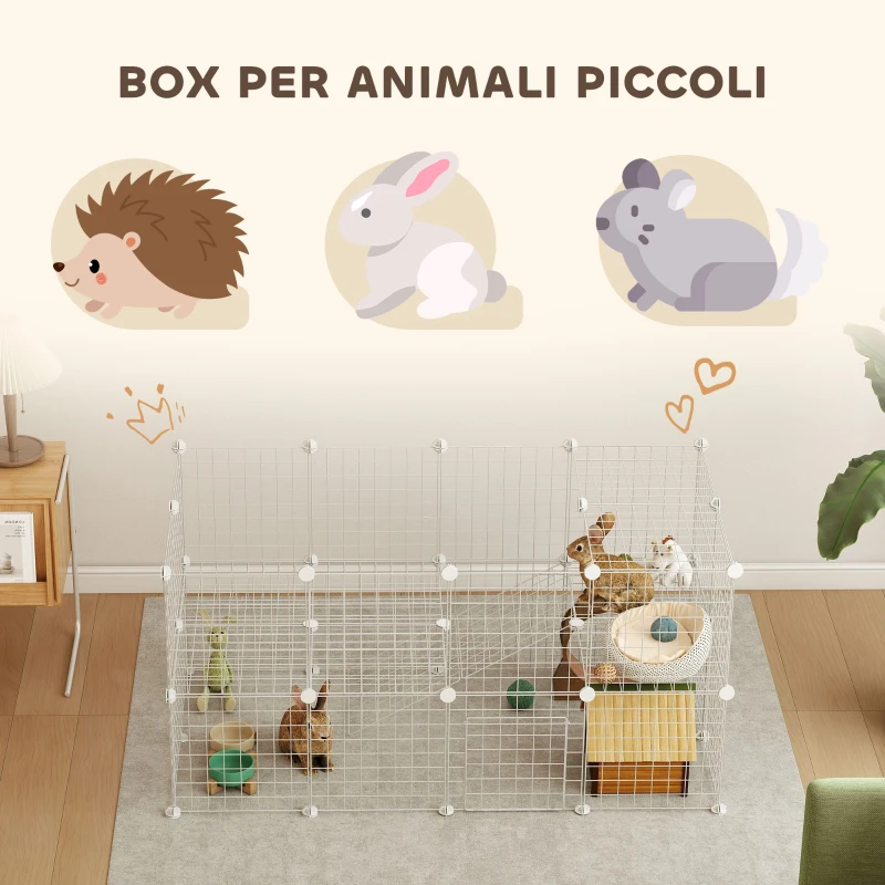 PawHut Recinto per Animali Domestici Piccoli con 36 Pannelli di Metallo Modulabili con Porta, Bianco