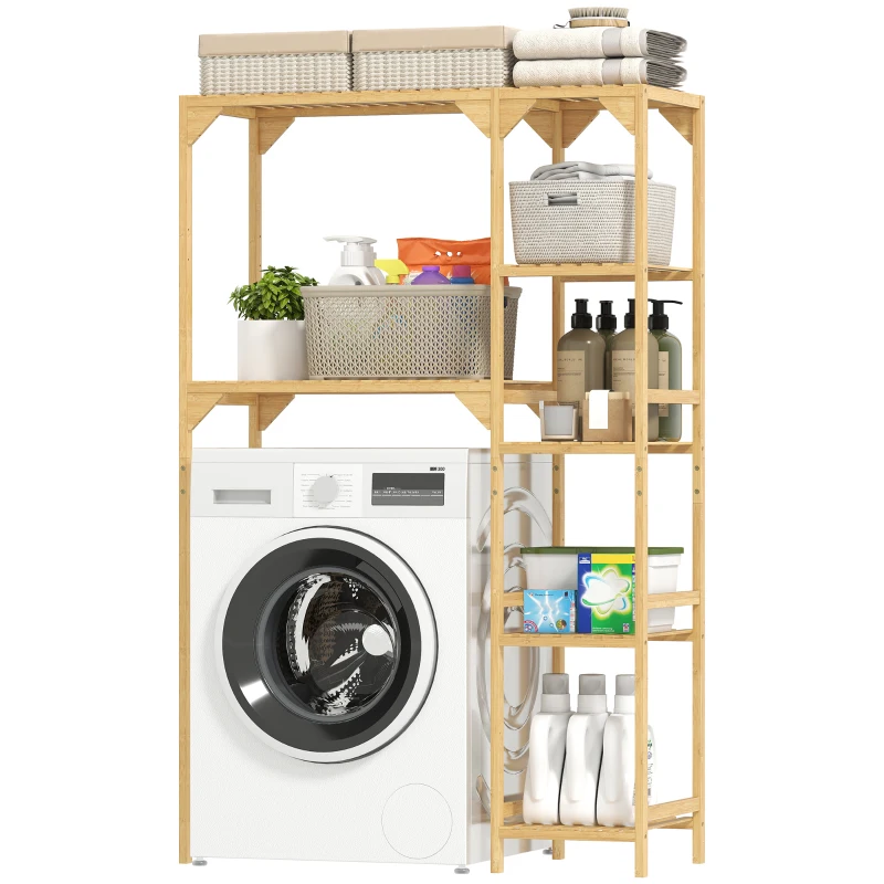 HOMCOM Washing machine shelf, multiple open compartments, for laundry, accessories, bamboo wood