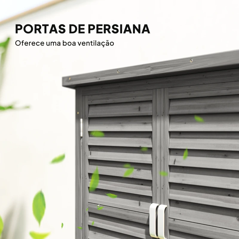 Outsunny Armário de Armazenamento de Madeira para Jardim com 2 Prateleiras Interiores 2 Portas e Teto Inclinado para Exterior Terraço 87x46,5x96,5cm Cinza