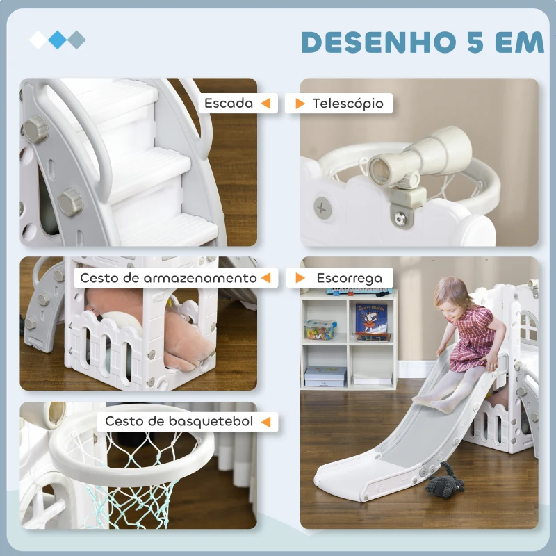 AIYAPLAY Escorrega Infantil 5 em 1 para Crianças com Cesto de Basquetebol Telescópio Escalador e Cesta Inferior 70x177x92 cm Branco e Cinza