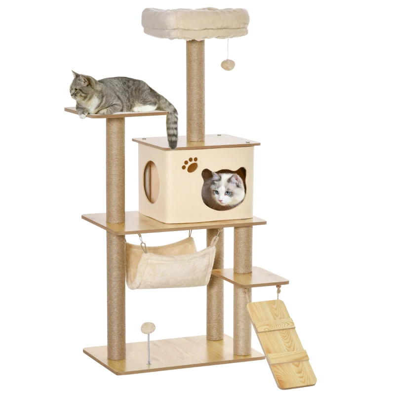 PawHut Arbre à chat tour de jeux pour chat, platesformes, niche, lit, hamac, échelle et griffoirs en jute 60x40x130cm jaune