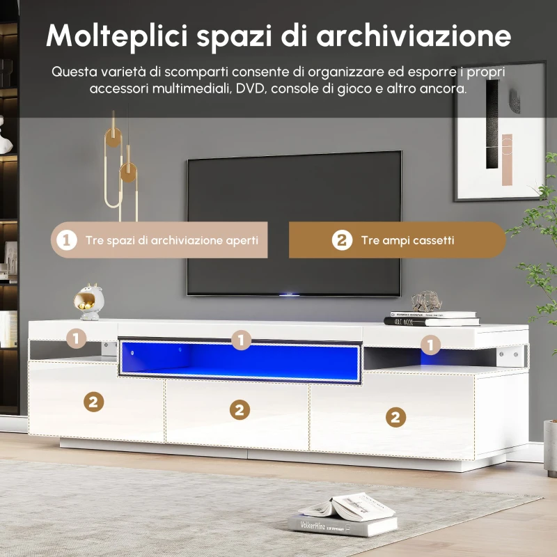 Mobile TV Moderno Lucido con LED a 16 Colori, 3 Cassetti, Apertura Silenziosa e Fluida, 160x39x42 cm, Bianco