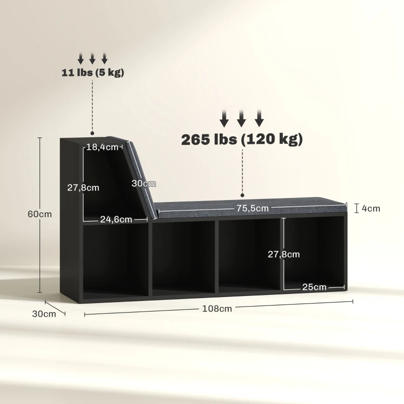HOMCOM Estante Banco 2 em 1 com 5 Compartimentos de Arrumação e 2 Almofadas 108x30x60 cm Preto Cinza