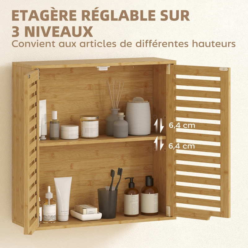 HOMCOM Armoire murale de salle de bain, meuble de rangement avec étagère réglable, en bambou 60 x 20 x 60 cm effet bois naturel