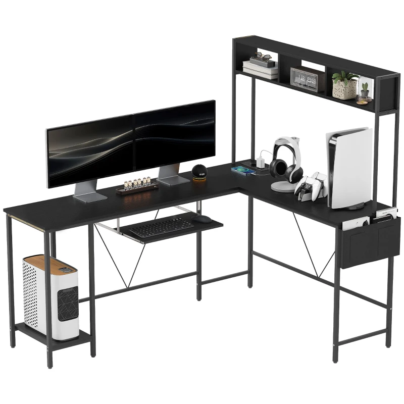 HOMCOM Secretária Modular Secretária de Canto com Tomada e Porta USB Estilo Industrial Prateleiras de Arrumação 160x120x145 cm Preto
