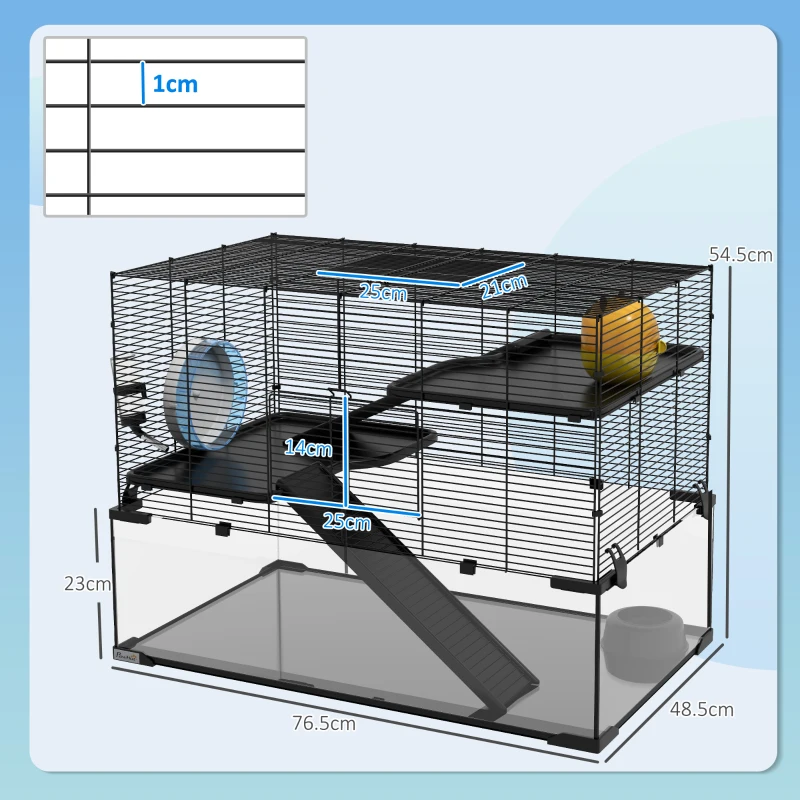 PawHut 3 Tiers Hamster Cage, Gerbil Cage with Deep Glass Bottom, Non-Slip Ramps, Platforms, Hut, Exercise Wheels, Water Bottle, Dish, for Syrian Hamster, Dwarf Hamster, 78.5 x 48.5 x 54.5cm