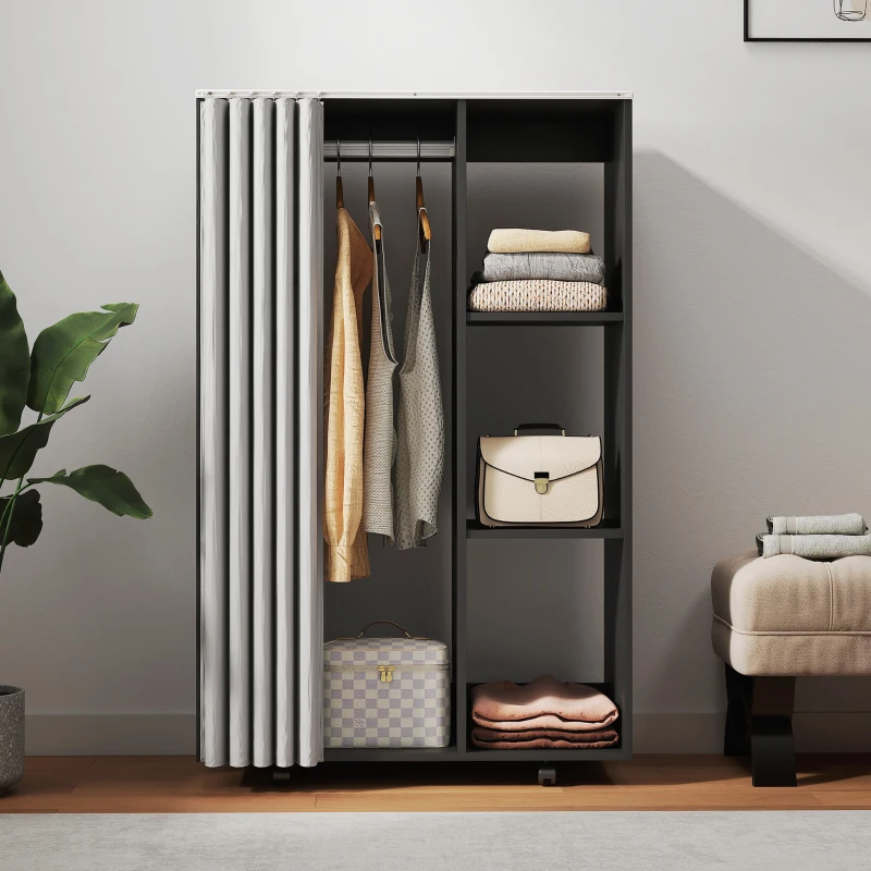 HOMCOM Armário Roupeiro Móvel 4 Rodízios com Varão para Roupas e Prateleiras Abertas 80x40x128 cm Preto