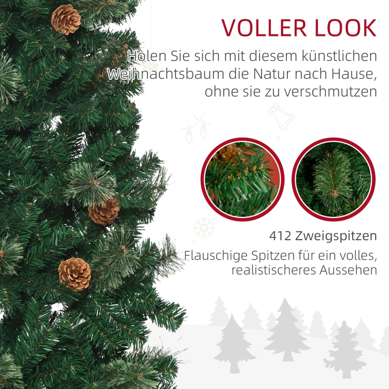HOMCOM Künstlicher Weihnachtsbaum, schlank, Tannenzapfen, flammenhemmend, 46 x 165 cm, Grün