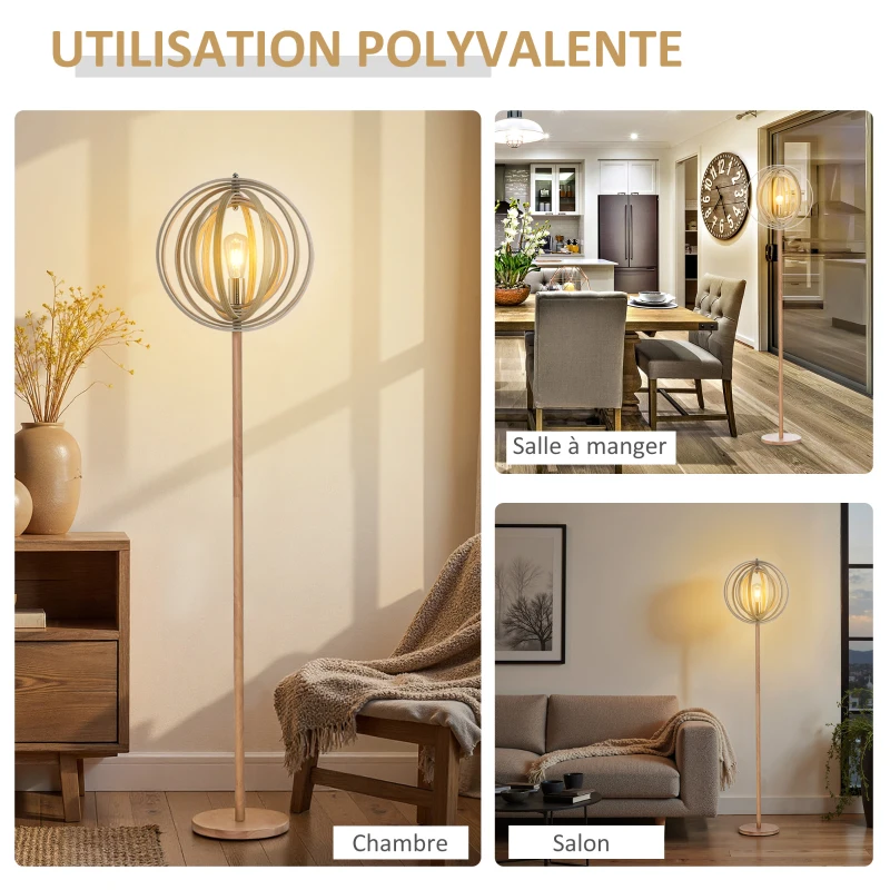 HOMCOM Lampadaire sur Pied Circulaire 40 W Max. Abat-Jour bois naturel clair dim. Ø 38 x 160 cm