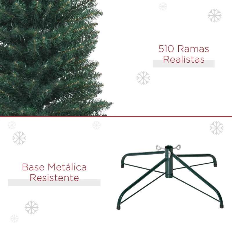 HOMCOM Árbol de Navidad Artificial Estrecho 210 cm con 510 Ramas, Base Plegable y Soporte Metálico Fácil Montaje Verde