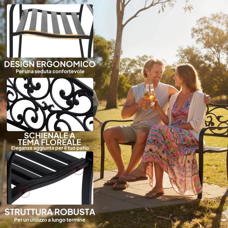 Outsunny Panchina da Giardino 2 Posti con Schienale Decorato in Ghisa e Metallo, 127x60x89cm, Nero