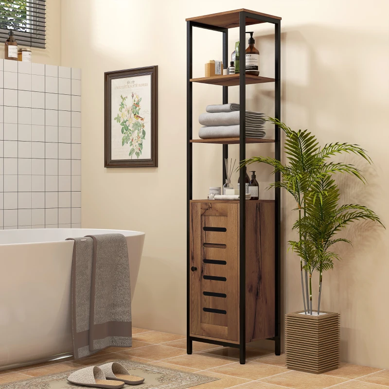 kleankin Meuble colonne de salle de bain industriel 3 étagères ouvertes porte à lamelles étagères réglables marron rustique