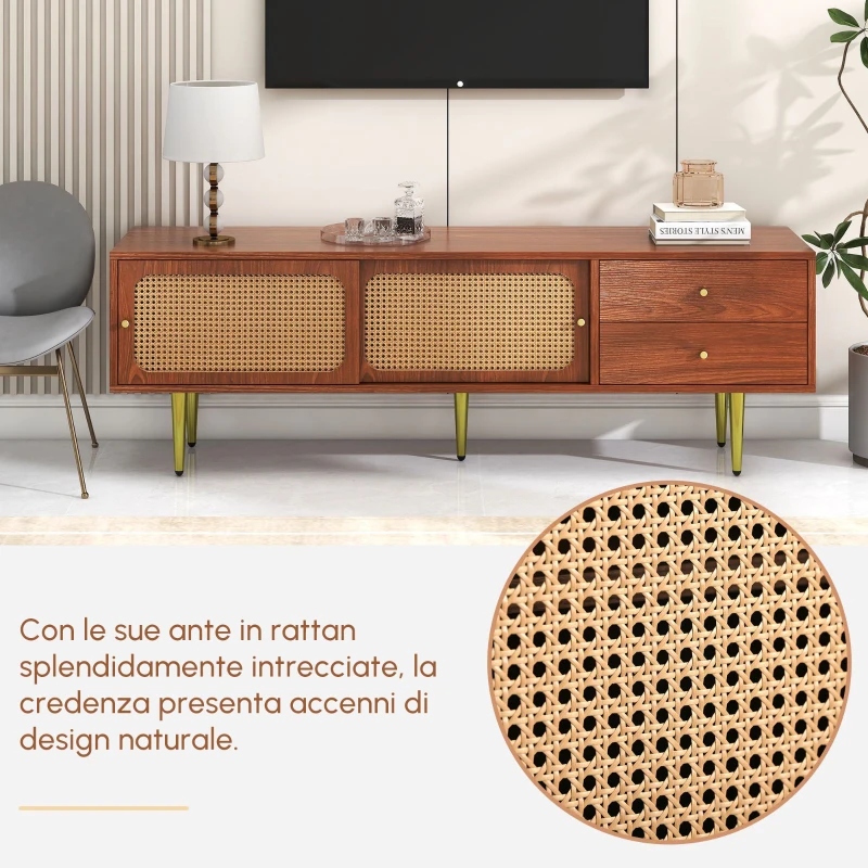 Mobile TV Moderno Design in Rattan con Porte Scorrevoli, Cassetti e 4 Ripiani, Piedi in Metallo, 160x40x60 cm, Color Noce