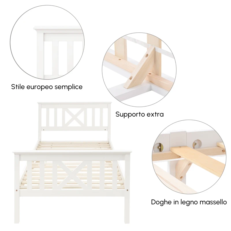 Letto Singolo in legno Massiccio, Design Minimalista con Spazio di Stoccaggio, senza Materasso, 208x96x82 cm, Bianco