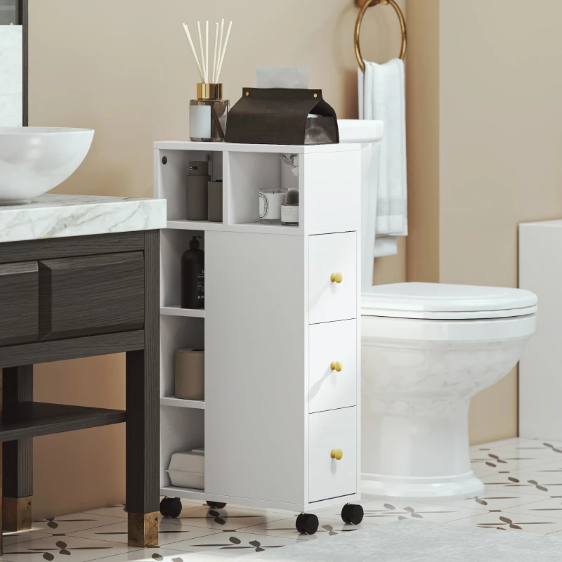 HOMCOM Móvel de Casa de Banho com Rodas Móvel de Arrumação Estreito 3 Gavetas 5 Compartimentos Abertos 20x40x80cm Branco