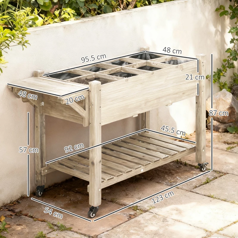 Outsunny Fioriera da Esterno a 8 Sezioni con Ripiano Laterale e Mensola in Legno di Abete, 123x54x87 cm, Legno