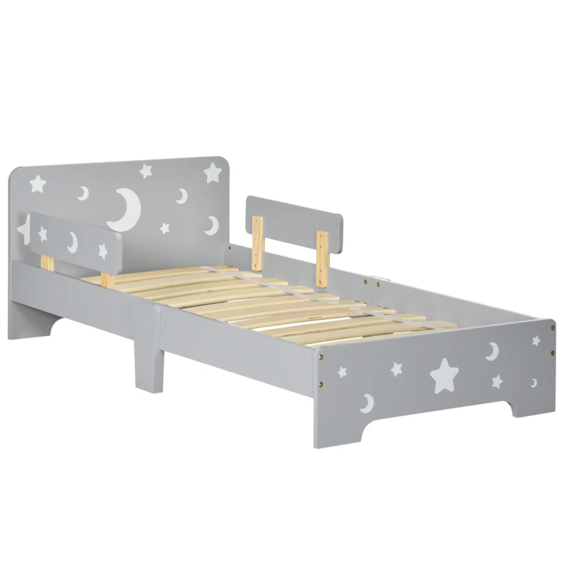 ZONEKIZ Cama Infantil de 3 a 6 Anos Design Estrelas e Lua Estrado de Ripas Incluído Quarto Moderno 143x76x49 cm Cinza