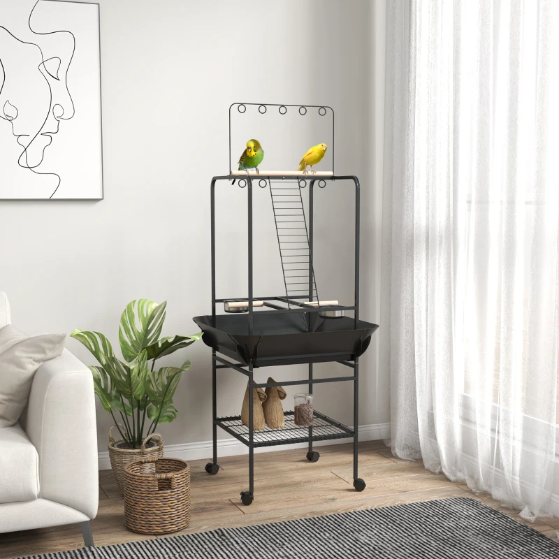 PawHut Aire de jeu sur roulettes pour oiseaux 3 perchoirs en bois 1 échelle 2 mangeoires en inox 155 cm gris foncé