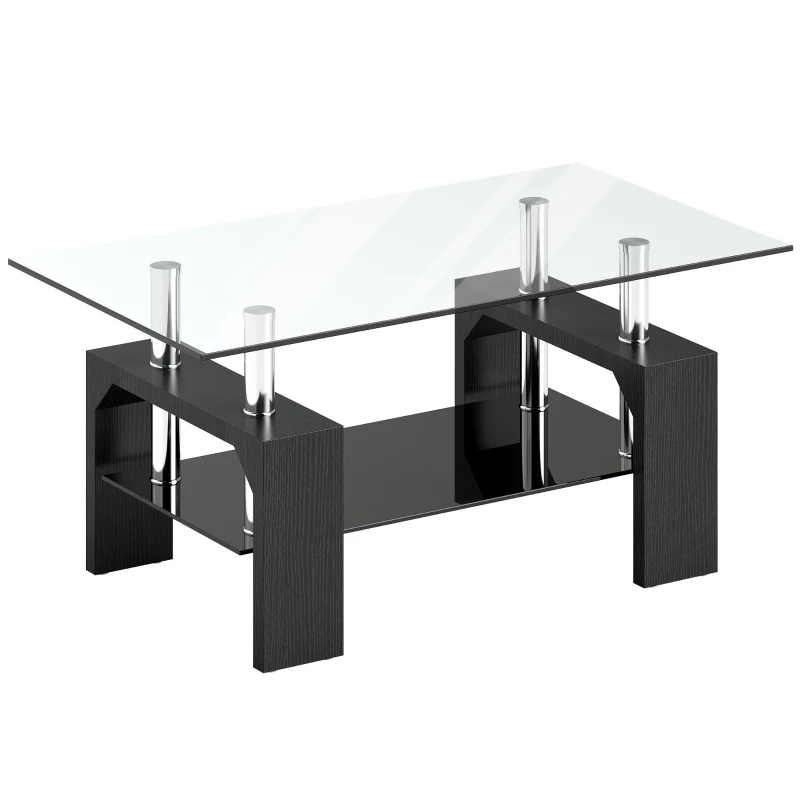 HOMCOM Table basse moderne 2 niveaux en bois et acier avec plateau en verre trempé, 90x50x42 cm, Noir