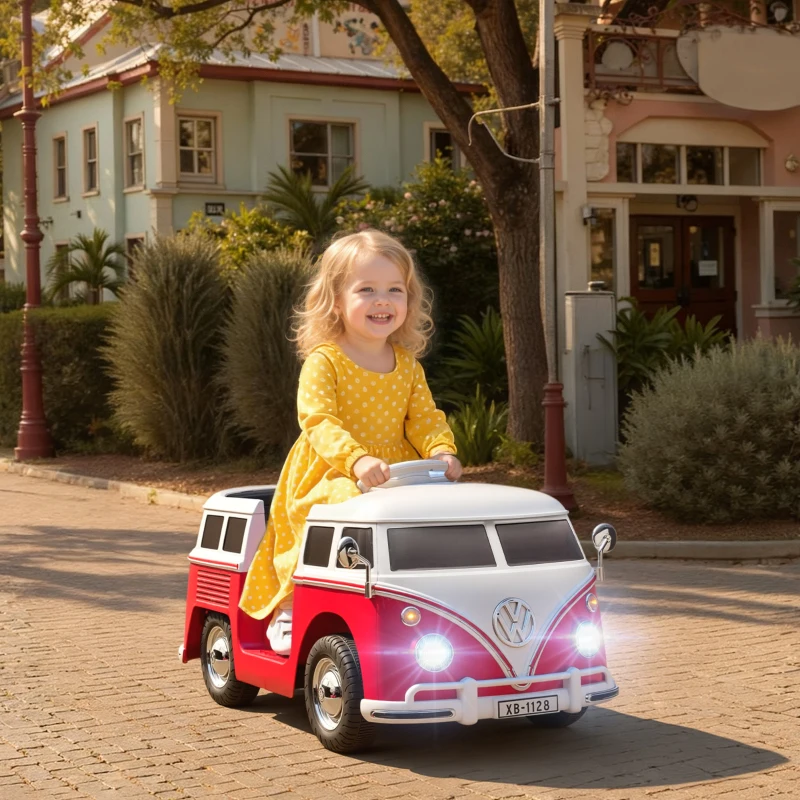 AIYAPLAY Carro Elétrico Infantil Volkswagen T1 Licenciado Oficialmente 12 V com 2 Motores Arranque Suave 89x49x41,5cm Vermelho