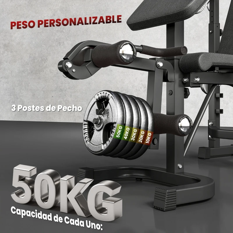 HOMCOM Banco de Musculación Multifuncional Banco de Pesas con Respaldo Inclinable y Soporte de Barras Altura Ajustable para Entrenamiento Cuerpo Completo Ginmasio Carga 300 kg 187x140x117-136 cm Negro