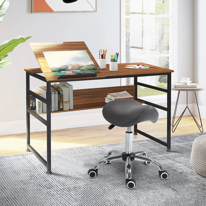 HOMCOM Rolstoel met zadelformaat zitting, in hoogte verstelbaar, 360° draaibaar, Kunstleer, donkergrijs, 53 x 52 x 49-61 cm(m-12)