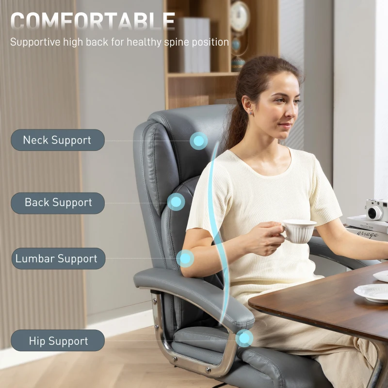 HOMCOM Big and Tall Office Chair 180kg with Spring Cushion, PU Leather - Grey