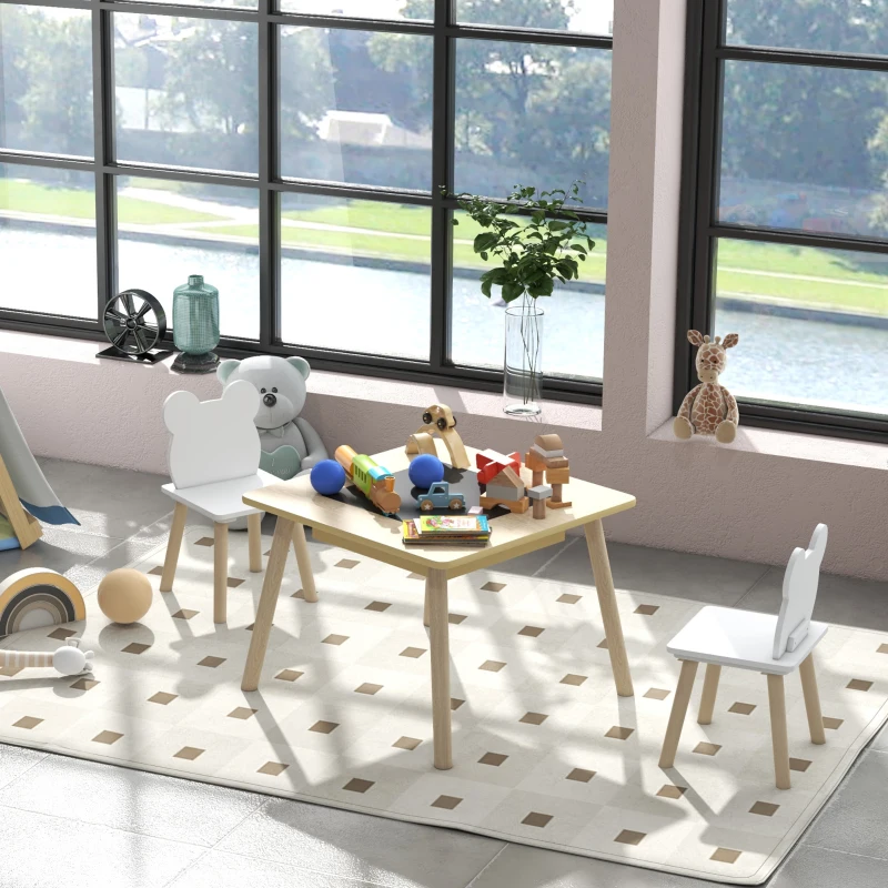 AIYAPLAY Ensemble 1 table et 2 chaise 3 pièces pour enfants avec plateau réversible espace de rangement bois naturel