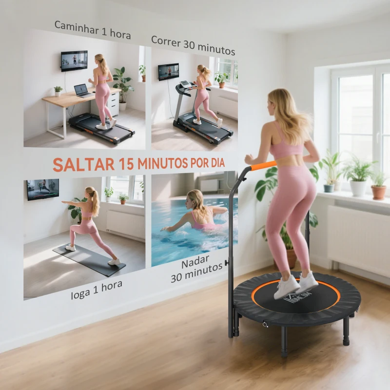 HOMCOM Trampolim Fitness Ø102 Trampolim Dobrável com Pega Ajustável em 4 Níveis Estrutura de Aço Preto e Laranja