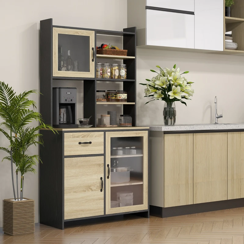 HOMCOM Armário de Cozinha com 1 Gaveta 3 Armários Prateleiras 2 Portas de Vidro 90x39x177 cm Carvalho e Preto