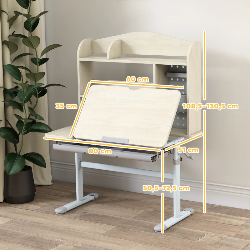 AIYAPLAY Secretária Infantil Mesa de Estudo Ajustável em Altura com Tampo Inclinável 80x51x108,5-130,5 cm Natural