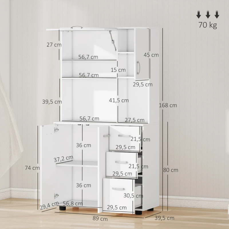 HOMCOM Armário de Cozinha Multi-Arrumação 4 Portas 3 Gavetas Prateleira Grande Tampo 89x39,5x168 cm Branco