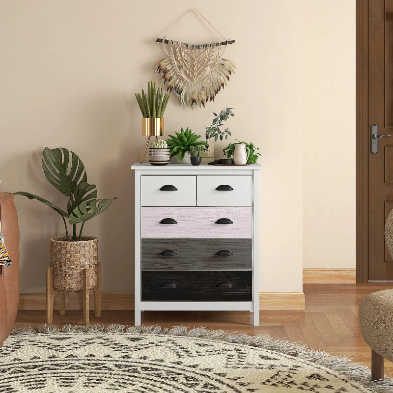 HOMCOM Commode 5 tiroirs meuble de rangement avec poignées, 70 x 38 x 85 cm, blanc