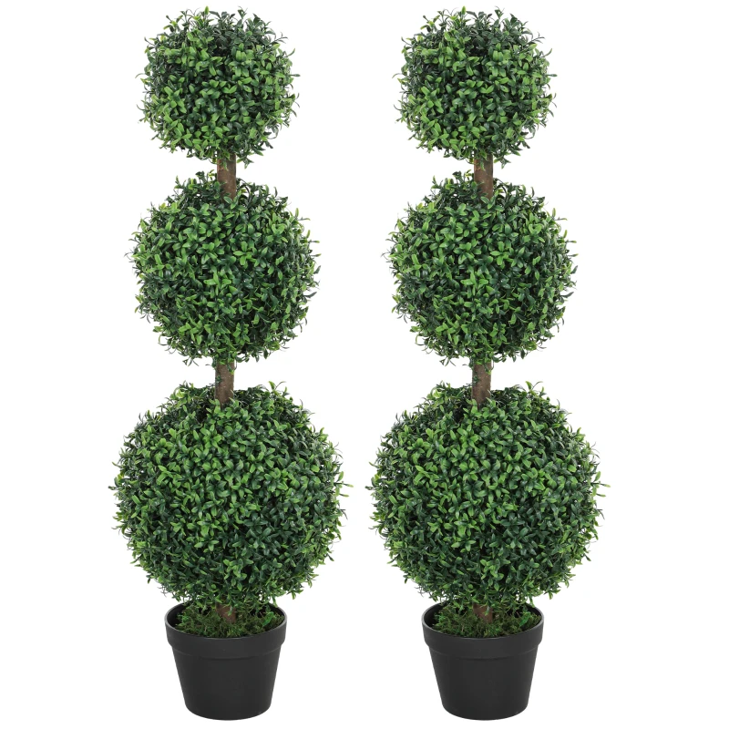 HOMCOM Set of 2 Decorative Artificial Trees, Topiary Ball-shaped Boxwood Trees in Pot, Fake Plants for Home Indoor outdoor Decor, 100cm, Green