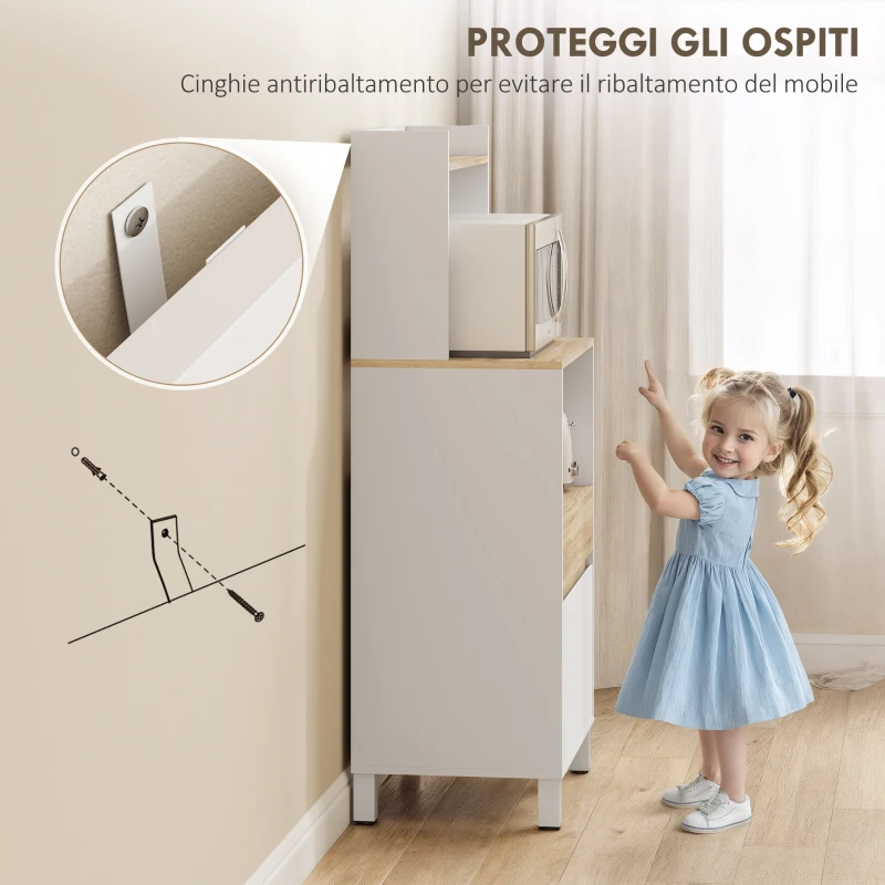 HOMCOM Mobiletto per Microonde in Legno con Mensola, Ripiano Aperto, Cassetto e Armadietto, 60x40x131 cm, Bianco