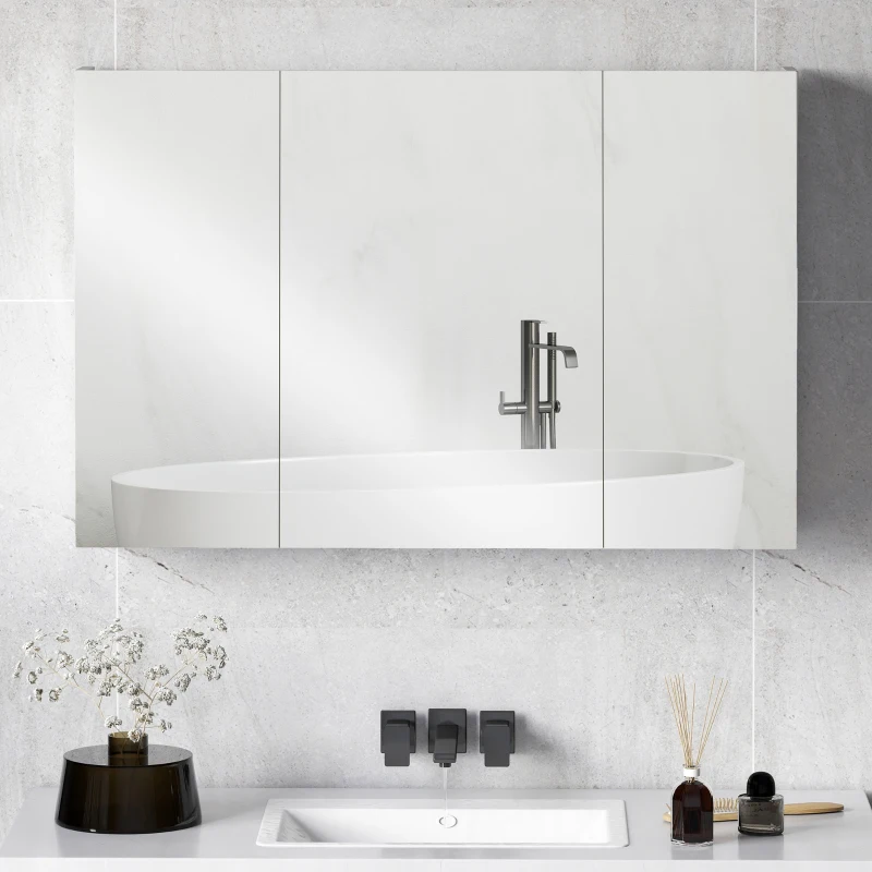 kleankin Armadietto Pensile Bagno con 3 Ante a Specchio e Ripiani Regolabili in Legno 90x13.5x60 cm, Bianco