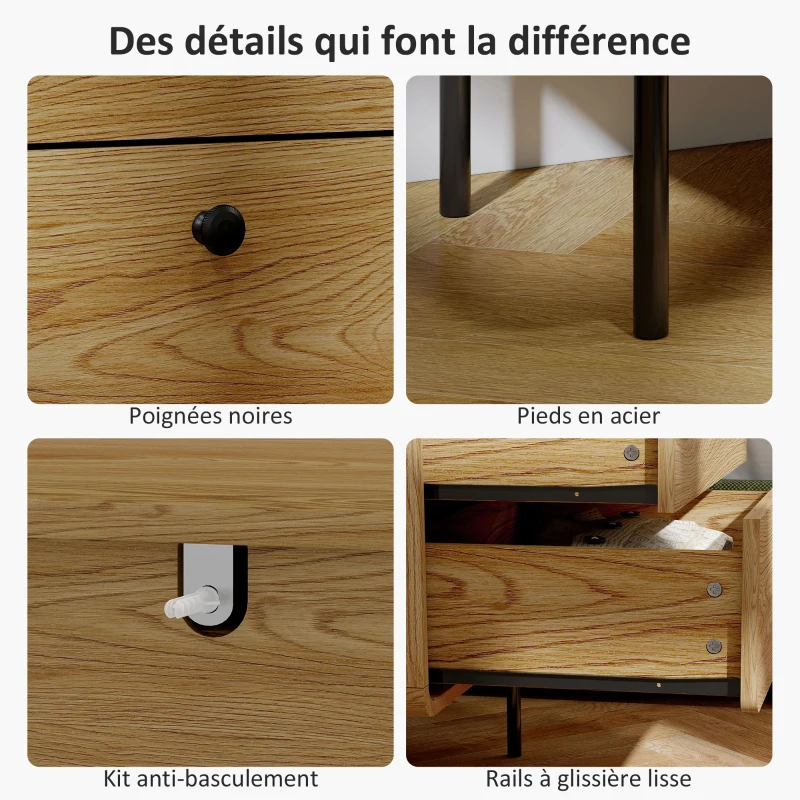 HOMCOM Commode 4 tiroirs, meuble de rangement étroit avec pieds en acier, coins arrondis, 60 x 39 x 91,5 cm, chêne