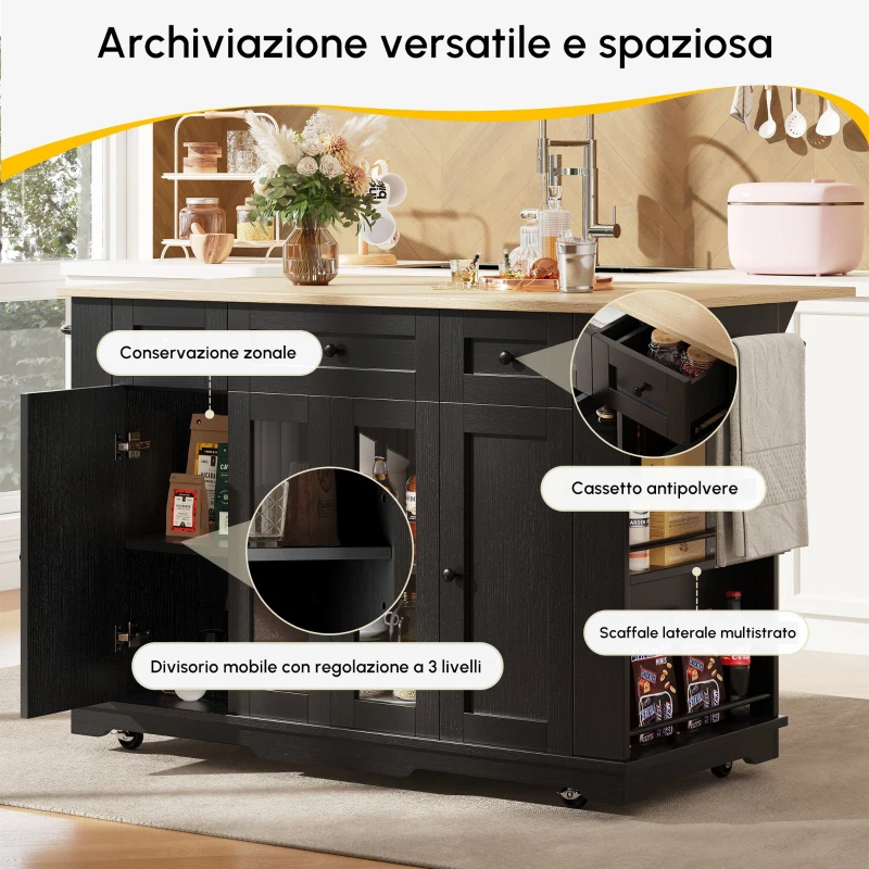 Credenza salvaspazio da cucina con piano ribaltabile e Mensole laterali, Isola Moderno con Piano regolabile e vetro temperato, Nero | Aosom Italy