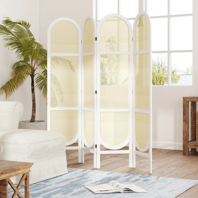 HOMCOM Biombo Interior em Madeira 4 Painéis 170x160 cm Dobrável e Portátil Padrão Trançado à Mão Branco