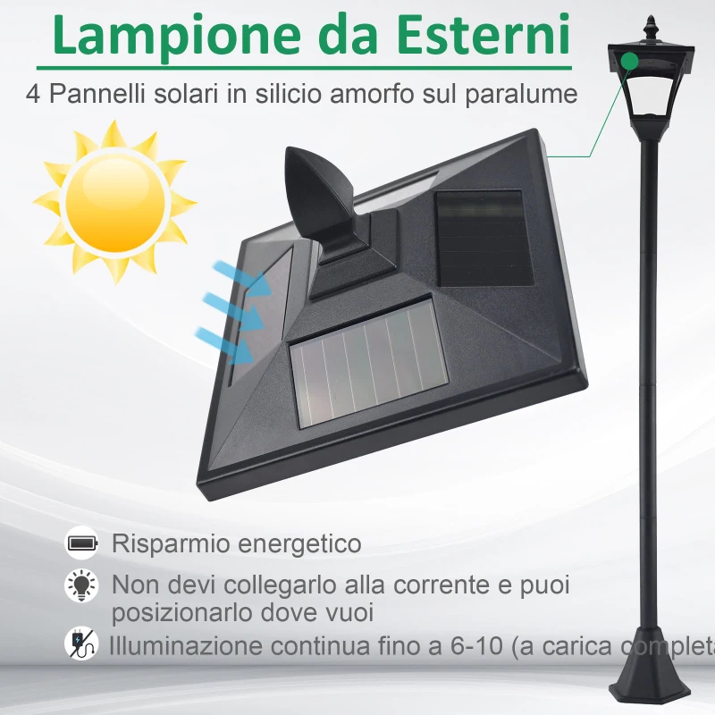 Outsunny Set 2 Lampioncini Solari da Esterno Impermeabili IP44, 18x18x160cm, Nero