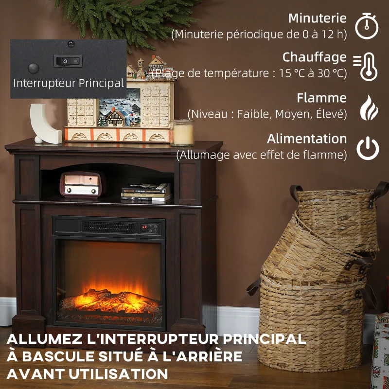 HOMCOM Cheminée électrique effet flammes LED luminosité réglable avec télécommande - 1800 W - 80,5 x 32,3 x 80,5 cm